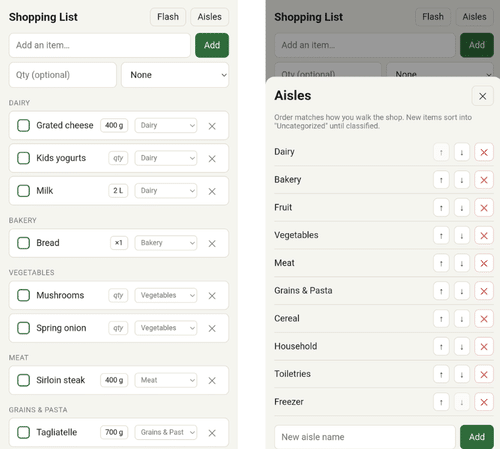PaperMono Shopping List web interface showing items grouped by aisle, alongside the aisle-ordering screen used to match a store layout