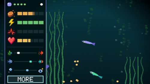 Pocket Tank interface showing a fish status panel with hunger, energy and stress bars beside two pixel-art fish swimming among plants