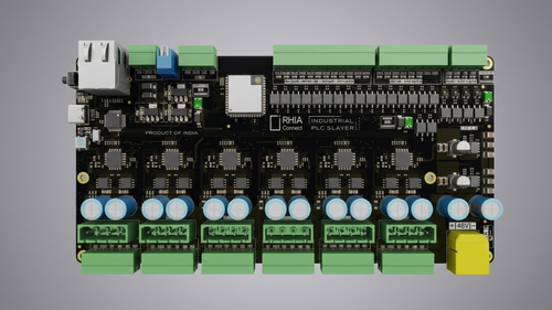 Close-up of the PLC Slayer board showing CAN and RS485 communication interfaces alongside motor-control circuitry