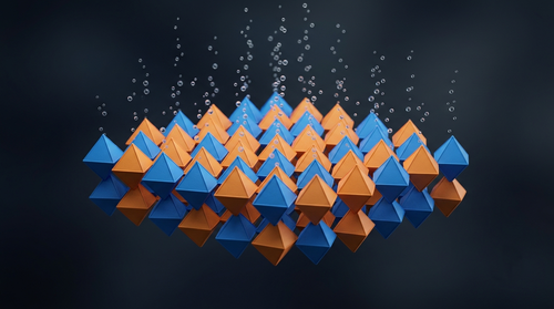 Close-up illustration of interlocking octahedral structures suggesting a catalyst's crystal arrangement