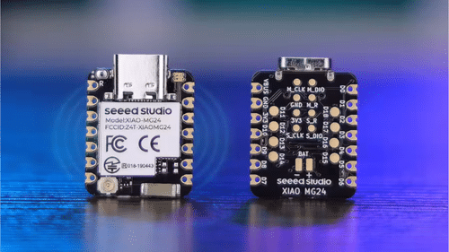 Close-up of the XIAO MG24 board's pin labels and USB-C connector