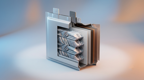 Close-up illustration of faceted crystalline cathode material inside a battery cell