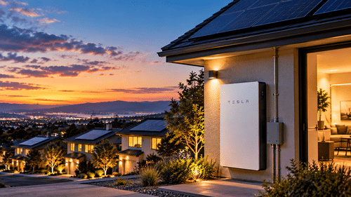 A Tesla Powerwall home battery mounted on a house exterior with rooftop solar panels, overlooking a neighborhood at dusk