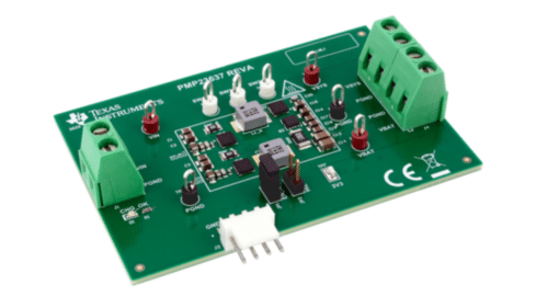 Close-up of the PMP23637 board showing dual-phase inductors, FETs and connector terminals