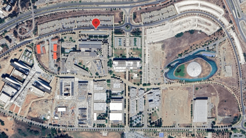 Satellite view of a university campus road junction marked with a pin showing where the traffic-monitoring camera was deployed