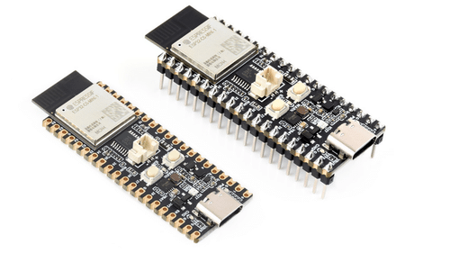 Close-up of the ESP32-C5-Pico board's USB-C port, buttons and onboard battery charging circuit