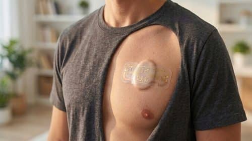 Close-up illustration of a wearable patch on a person's chest with a glowing heart symbol, representing wireless power transfer to a cardiac implant