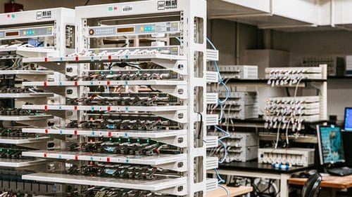 Battery cycler system in Olin Hall used by the Kalra research group to charge and discharge batteries to evaluate their performance in collaboration with Binghamton-based battery company Charge CCCV. (image credit: Allison Usavage/Duffield Engineering)