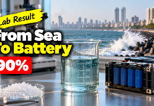 Indian Scientists Extract Lithium From Seawater In Lab Tests A beaker of seawater, white crystals and a lithium-ion battery pack on a lab bench, with a coastal city skyline in the background