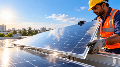 Technician installing a blue solar panel on a rooftop.
