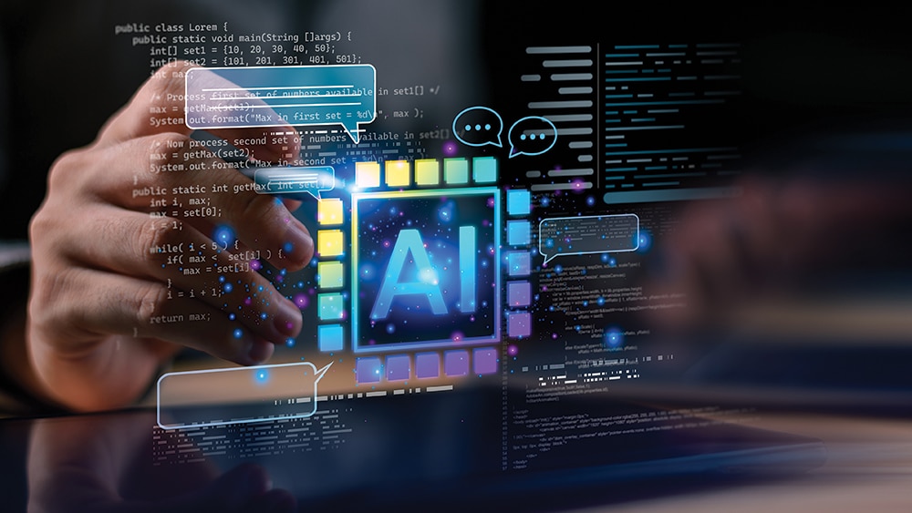 Software engineer develops AI-powered applications with intelligent code assistance, machine learning automation, neural computing, programming workflow optimization, algorithm analysis