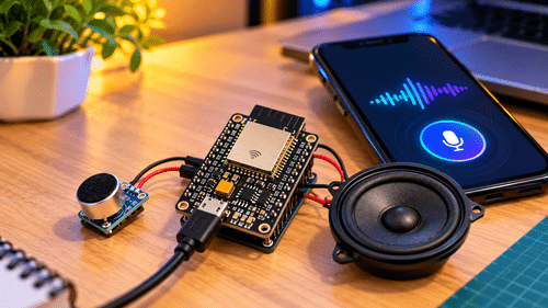 ESP32 development board connected to a microphone and speaker beside a smartphone displaying a voice assistant interface on a wooden desk.