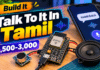 ESP32 development board connected to a microphone and speaker beside a smartphone displaying a voice assistant interface on a wooden desk.