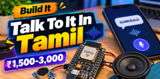 Can An ESP32 Understand And Speak Tamil? ESP32 development board connected to a microphone and speaker beside a smartphone displaying a voice assistant interface on a wooden desk.