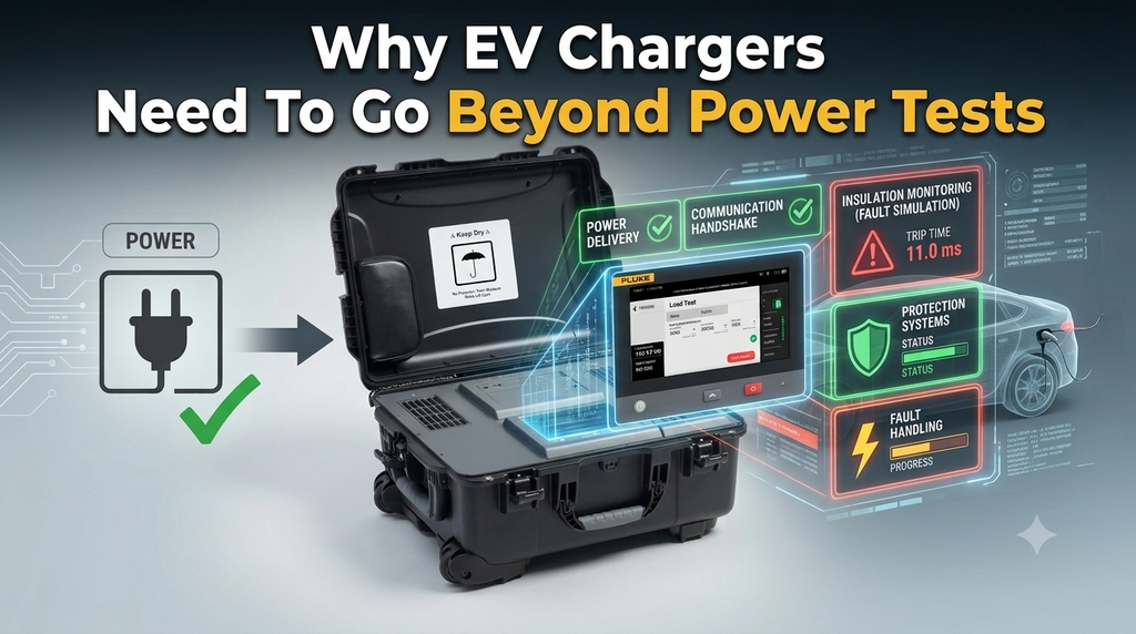 An Ai generated image illustrating the new Fluke's FEV500 charging tester in operation.