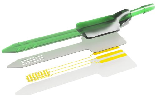 An illustration shows how LUCID combines a 3D-printed fluid-delivery channel with a layered miniature ultrasound array. This integrated structure brings ultrasound generation and local infusion together in a single device. Components are separated for illustration. Image Credit: Courtesy of the researchers