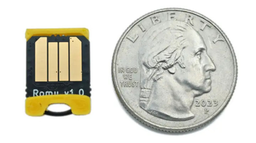 Bitmerse Romu (15.5 x 12 mm) next to a coin for scale.