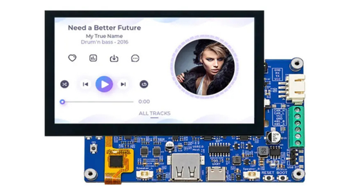 The PLCM-UES31S043H800V480C-U board running a music player UI on its 4.3-inch touchscreen.