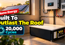 A black sodium-ion home battery unit mounted near a wall-mounted inverter and fuse box, with rooftop solar panels visible through a window at sunset
