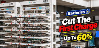 NEWARE battery testing racks with connected battery cells, wiring, and monitoring equipment in a laboratory.