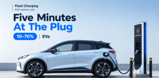 BYD Brings Five-Minute Charging To Budget EVs Silver electric hatchback connected to a high-power EV charging station against a clean blue background.