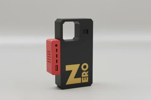 A product render of the ZERO power bank in black with gold branding, showing its detachable red USB-C and USB-A port module