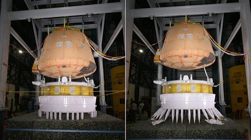 Gaganyaan Crew Module–Service Module (CM-SM) separation test setup before and after the test. Image credit: ISRO.