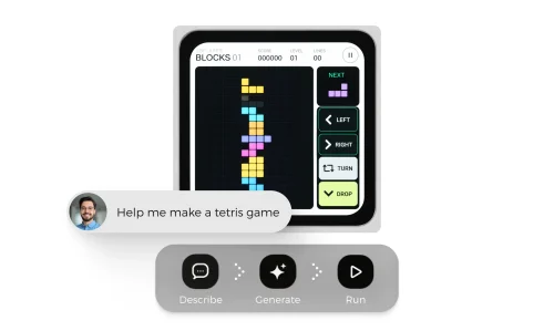 The ESP-Mosaico screen running a Tetris-style game, with a chat bubble reading “Help me make a tetris game” and Describe/Generate/Run icons below