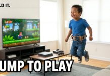 A child jumps in a living room wearing a motion-sensor belt, controlling an on-screen game character on a TV