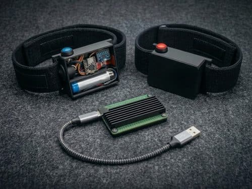Two wearable belt controllers with ESP32-C3 boards, batteries and buttons, next to a Raspberry Pi connected by USB cable