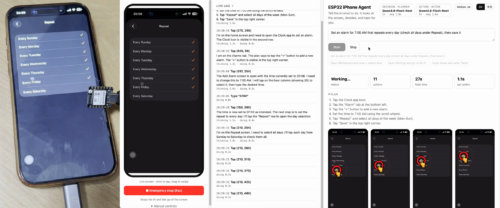 The ESP32 iPhone Agent web interface during a live run, showing the live phone screen, a plan to set a repeating alarm, a live log of each tap, and a step wall with taps marked on screenshots