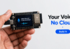 A hand holds an ESP32-P4 board with a screen reading “Hello, how can I help you today?” next to the text “Your Voice, No Cloud”