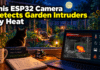 This ESP32 Camera Detects Garden Intruders By Heat Illustration of a possum in a moonlit vegetable garden being detected on a thermal monitor screen showing small and large object detection panels