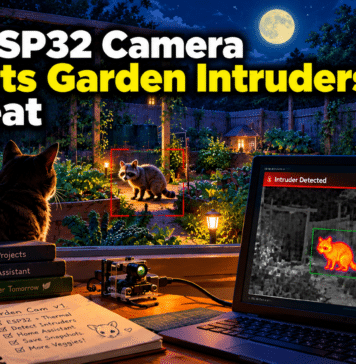 Illustration of a possum in a moonlit vegetable garden being detected on a thermal monitor screen showing small and large object detection panels