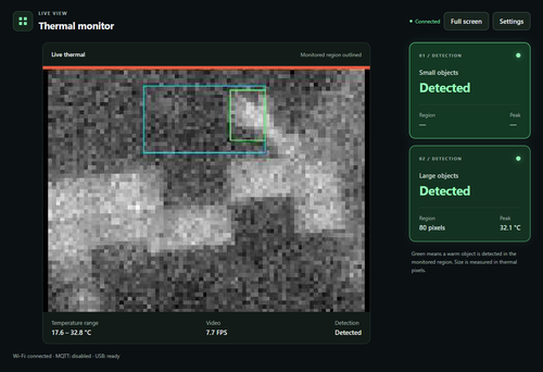 The ESP32 thermal camera's browser interface showing a live thermal image with small and large object detection panels reporting region size and peak temperature