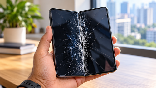 Close-up of a folded phone’s shattered inner display, held in one hand against a blurred city skyline background