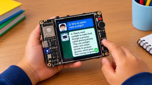 Close-up of a child’s hands holding an ESP32-S3 board, with its touchscreen displaying a spoken answer about photosynthesis