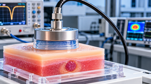 Circular microwave applicator placed on a layered tissue phantom in a laboratory, with monitoring equipment in the background.