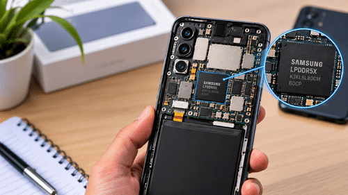 Close-up of a Samsung LPDDR5X memory chip on a smartphone’s internal circuit board, with camera modules and battery visible nearby