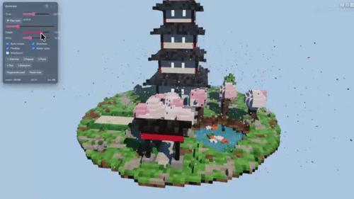 A voxel-art pagoda garden with cherry blossoms, generated by Qwen3.8-Flash-Next running locally through Strata on an RTX 5070
