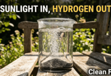 A beaker of water with dark catalyst powder and rising gas bubbles, sitting outdoors in sunlight, representing light-driven hydrogen production