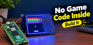A Raspberry Pi Pico 2 W connected to a small display showing a Breakout-style game with visible digital noise artifacts
