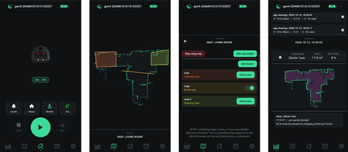 Four screenshots of the Vacuula web app showing the robot control screen, a cleaning map with zones and a no-go line, the zone editor, and a run history log with duration, area cleaned and battery use